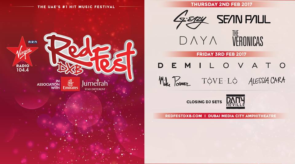 RedFest 2017 Line Up @ Dubai Media City Amphitheatre on 2nd-3rd Feb 2017